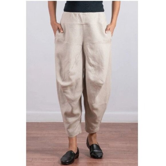 Mieko Mintz Linen Yamaha Pants Barrel Leg in Natural Size Medium NEW! Lagenlook